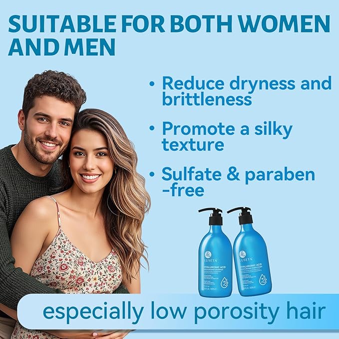 LUSETA Hyaluronic Acid Moisturizing Shampoo and Conditioner Set for Hair Frizz Control for Dry and Damaged Hair, with Argan Oil and Shea Butter, Sulfate & Paraben-Free, for Women and Men, 16.8oz*2