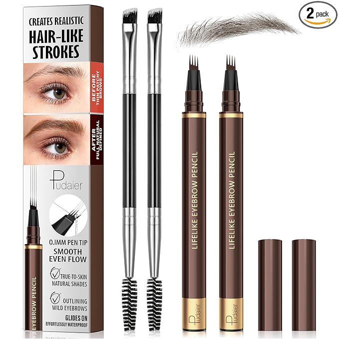 2 Pack 4-Tip Microblading Eyebrow Pen with 2 Brow Brushes, Waterproof Vegan Formula Eyebrow Pencils for Women to Effortlessly Create Natural Hair-Like Strokes, All-Day Wear (Ash Brown)