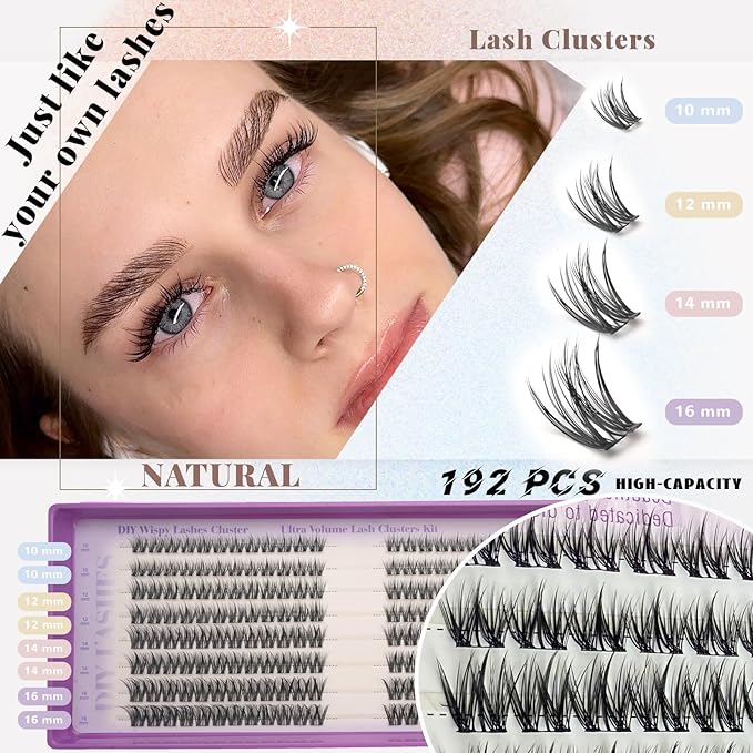 Wispy Lash Clusters Kit, Natural Lash Cluster Eyelash Extensions 192 Pcs C Curl 10-16mm Individual Fluffy False Eyelashes Thin Band DIY Kit for Beginners at Home with Bond Seal Remover Tweezers Brush