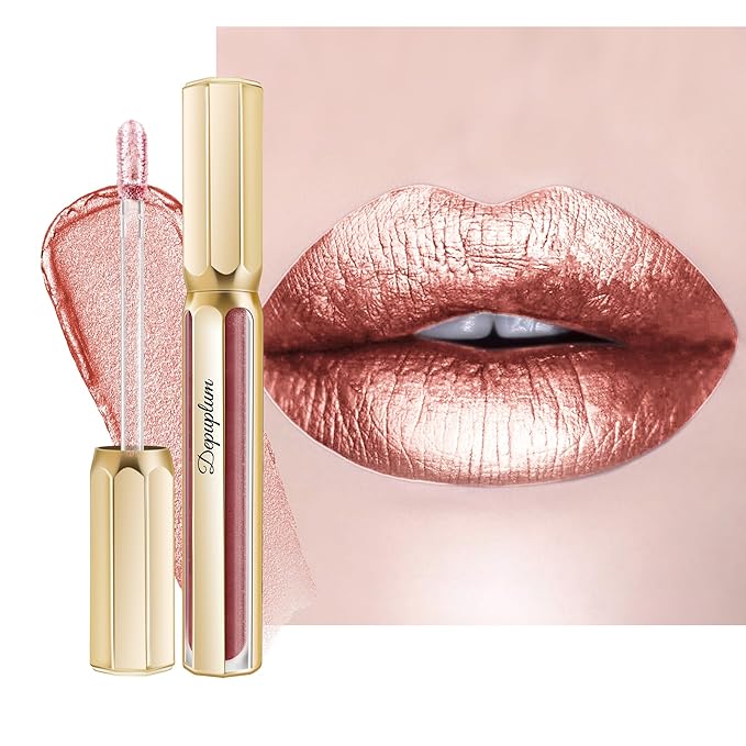 Depuplum Nude Lipsticks for Women Metallic Lipstick Long Lasting Shimmer Lip Gloss Metal Shine Glitter Waterproof Lipsticks Full Coverage Lip Color for Mother's Day,DP101 Halo