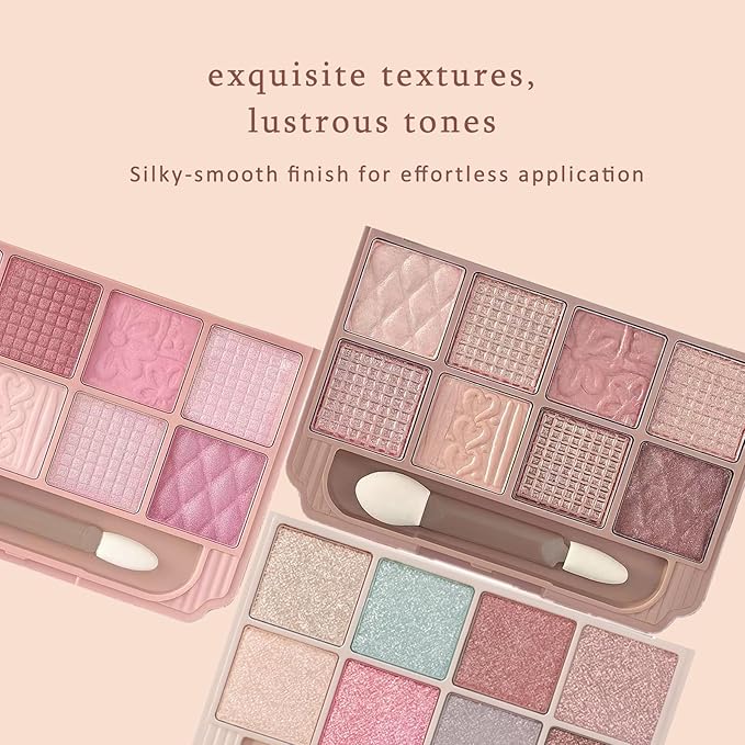 K'APEINE Light Pink Eyeshadow Palette, 8 Color All Shimmer Wafer Eye Shadow Glitter Blendable Makeup Palette Long-Lasting Eye Shades With 1 Dual Brush,Naturing-Looking,Waterproof Shades for Women-02