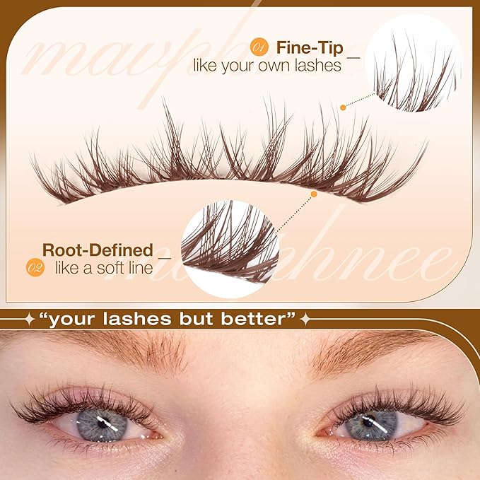 Brown Lash Clusters 8-10MM Short Natural Individual Eyelashes Wispy Fluffy Spider Cluster Eyelash Extensions with C-Curly & Ultra-Fine Clear Band, Featherlight, "Less is More", Glasses-Friendly