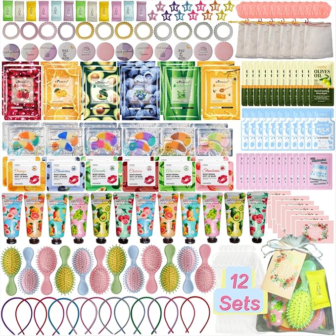204PCS Spa Party Supplies for Women, Spa Party Favors Include Facial Masks,Under Eye Patches, Lip Balm, Hair Rings, Makeup Mirrors, Hand Cream, Mini Hair Brush for Women, Sleepover Party Women