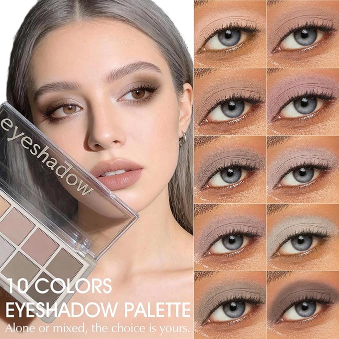 10 Colors Matte Eyeshadow Palette, Neutral Taupe Mauve Grey Brown Eye Shadow for Older Women, Long Lasting Blendable Smooth Versatile Nude Natural Smokey Eyeshadow Cool Toned Contour Makeup
