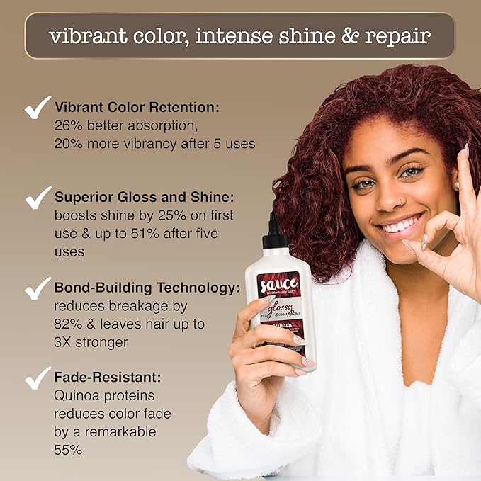 Sauce Beauty Glossy Color + Gloss + Repair, Auburn, Semi Permanent Hair Dye with Bond-Building and Color-Fade Protection Technology, Adds Shine & Deep Moisture, Lasts 4-8 Weeks, Stops Fade