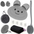 Manmihealth Rabbit-Shaped Silicone Foot Brush Mat for Shower with Non-Slip Suction Cups, Silicone Back Scrubber with Long-Handle, Shower Face Body Scrubber, Scalp Massager, Bath Sponge Net Set (Gray)