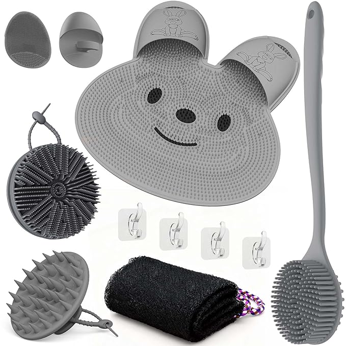 Manmihealth Rabbit-Shaped Silicone Foot Brush Mat for Shower with Non-Slip Suction Cups, Silicone Back Scrubber with Long-Handle, Shower Face Body Scrubber, Scalp Massager, Bath Sponge Net Set (Gray)