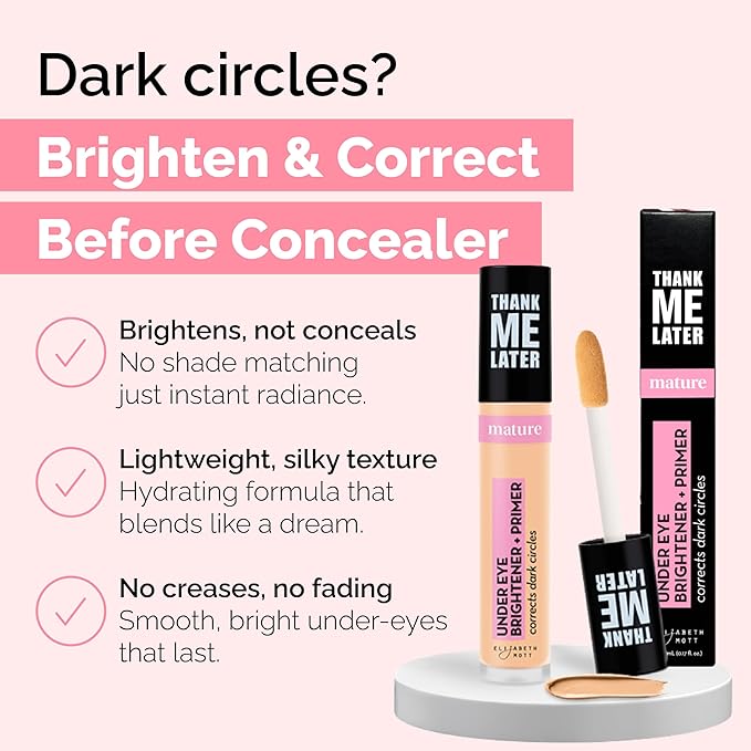 Elizabeth Mott Thank Me Later Under Eye Brightener & Primer – Hydrating Color Corrector and Concealer Primer for Dark Circles – Smooth Base for Mature Skin – Lightweight Formula, Medium Shade 5ml
