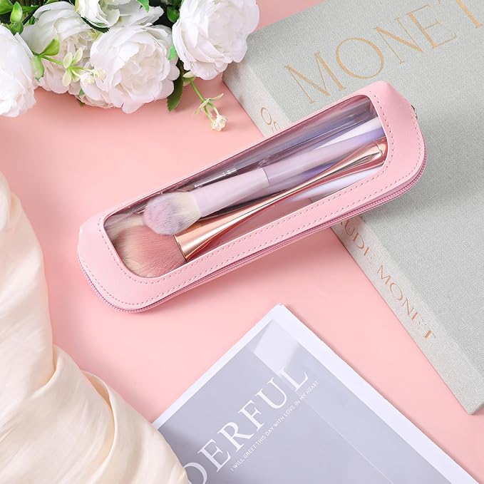 Psyqtsuary Small Clear Makeup Bag, PU Leather Travel Makeup Brush Bag Portable Transparent Waterproof Cosmetic Organizer Pouch with Zipper for Women Home Travel Office Cosmetic Storage (Pink)