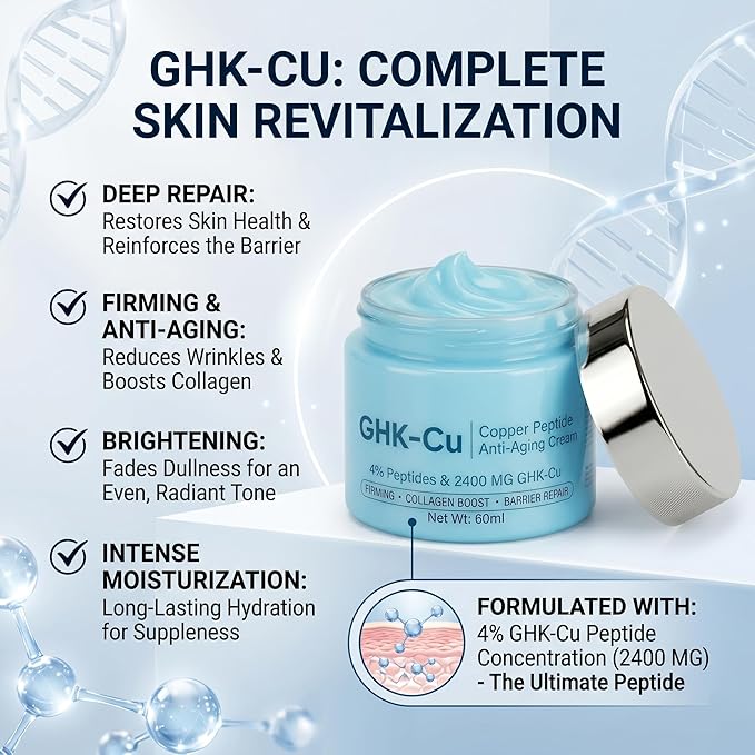GHK-Cu Peptide, 4% Bioactive GHK-Cu Copper Peptide Cream, 2400mg Potency Formula for Face & Neck, Moisturizer for Firmness & Elasticity, Natural Formula for Men and Women, 2Fl.Oz