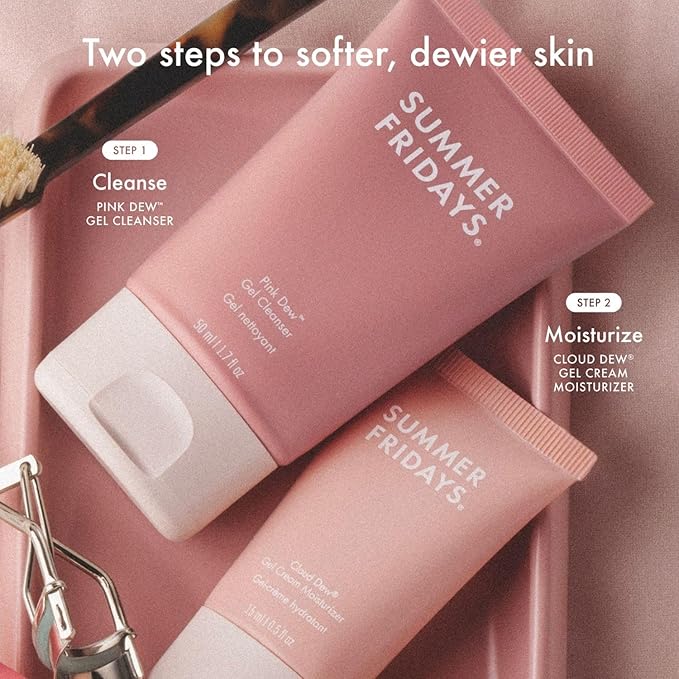 Summer Fridays Morning Trio - Travel Size Pink Dew Gel Face Wash, Cloud Dew Gel Face Moisturizer + CC Me Vitamin C + Niacinamide Serum - Brightening + Hydrating Morning Skin Care Set (3 Count)