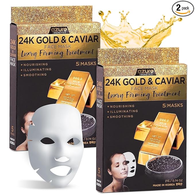 AZURE 24K Gold and Caviar Anti Aging Luxury Face Mask - Hydrating & Firming Facial Mask - Helps Reduce Wrinkles & Fine Lines with Hyaluronic Acid & Collagen - Skin Care Made in Korea - Pack of 10