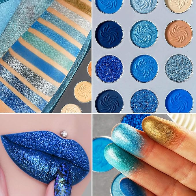 DE'LANCI Space Blue Eyeshadow Palette 15 Color Cosmetics Pressed Pigment Christmas Snowflake Eye Shadow Pallete Matte Shimmer Glitter Drama Makeup Eye Shadow Powder Long Lasting Blue Makeup Pallet