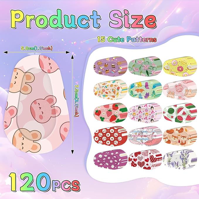 120 Pcs Adhesive Eye Patches for Kids and Girls,Bulk Breathable Soft Cotton, with Cute Pattern Designs, 15 Styles with 8 Pieces Each