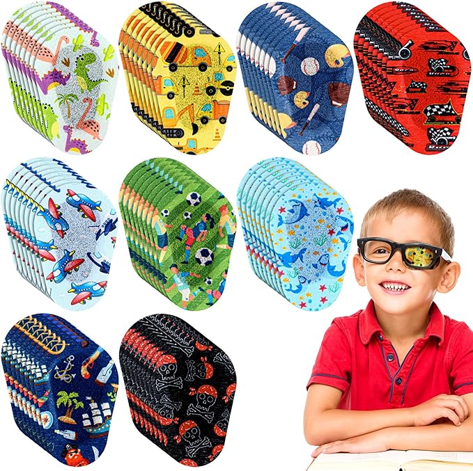 Panelee 45 Pcs Adhesive Eye Patches for Kids Boys 9 Styles Eye Patches Latex Free Eye Pad Bulk Light Blocking Fun Cute Boys Designs Cotton Adhesive Bandages for Boys Toddler