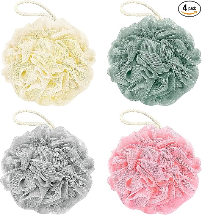 Bath Loofah Sponge, 60G Shower Loofah Exfoliating Body Scrubber Sponge, 4 Count Bath Mesh Pouf Ball for Women and Men (Light Color)