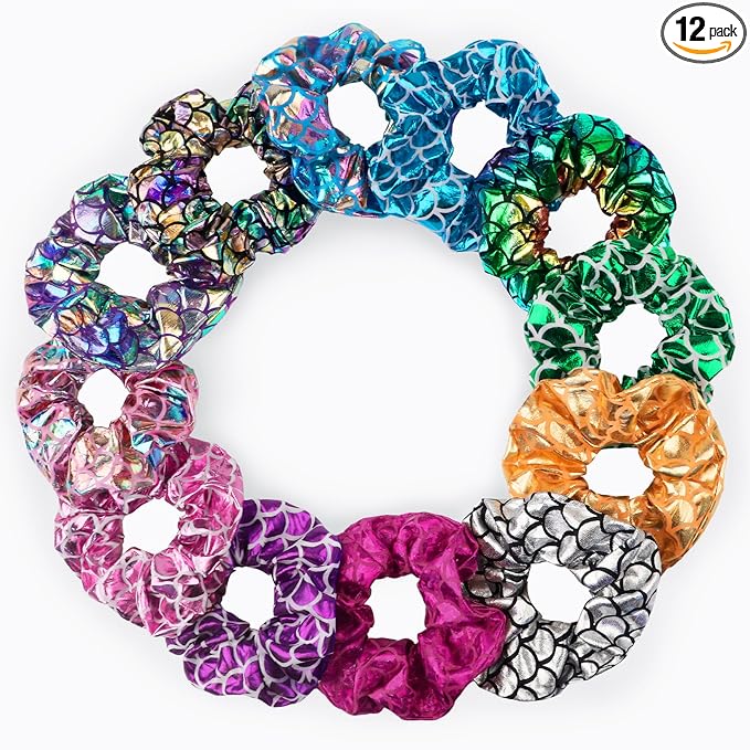 12 Pcs Scrunchies for Women, Shiny Metallic Scrunchies for Girls, Soft Elastic Hair Bands for Ponytail Holder, Fasion Scales Hair Tie Ropes for Teens Party Favorts(Mermaid Scales)