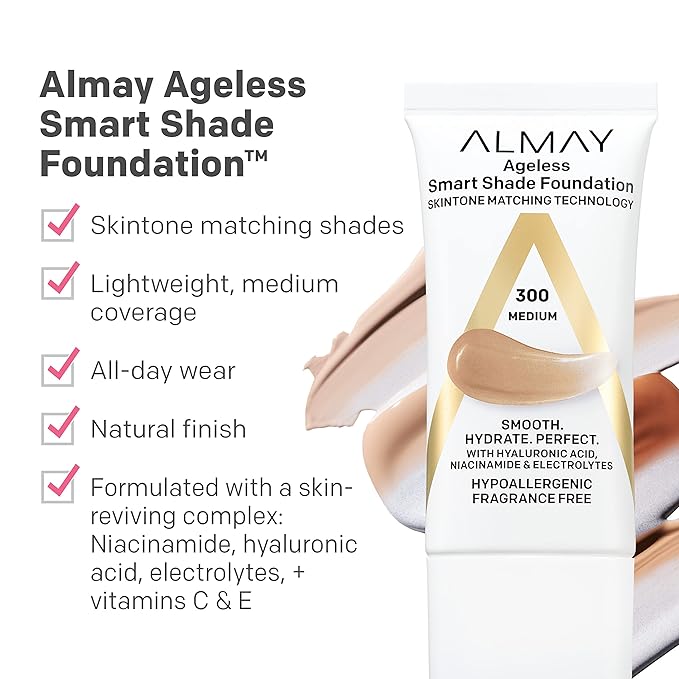 Almay Anti-Aging Foundation, Smart Shade Face Makeup with Hyaluronic Acid, Niacinamide, Vitamin C & E, Hypoallergenic-Fragrance Free, 700 Spice, 1 Fl Oz (Pack of 2)