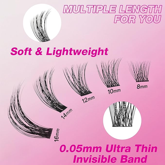VEYESBEAUTY Lash Clusters Individual Eyelash Extensions Thin & Invisible Band DIY False Eyelashes for Self-application Newbie's Five-Second Series Wispy Lash Tray, Boldeye 8-16mm Mixed Length