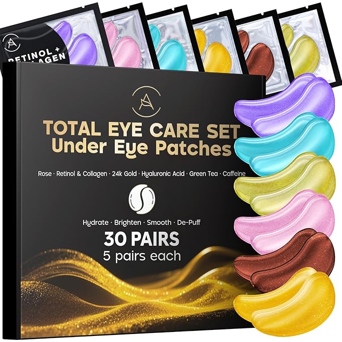 AURAE Variety Under Eye Patches (30 Pairs) - Eye Mask for Dark Circles, Puffiness & Care - Hyaluronic Acid, Green Tea, Rose, 24K Gold, Retinol & Collagen
