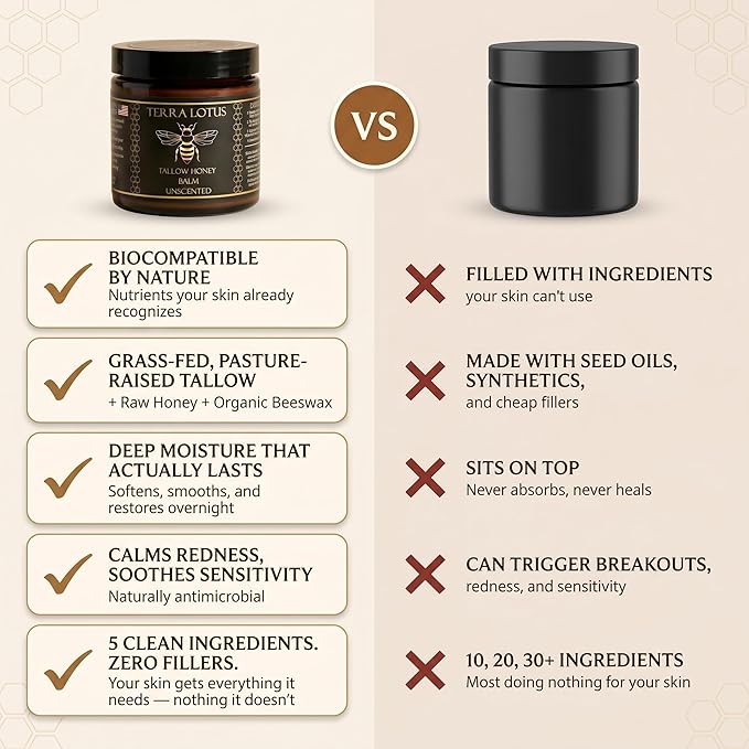 Terra Lotus - Organic Grass-Fed Beef Tallow Balm with Raw Honey - Moisturizing Cream for Soft, Smooth Skin - Handmade All-Natural Moisturizer (4 Oz, Vanilla)
