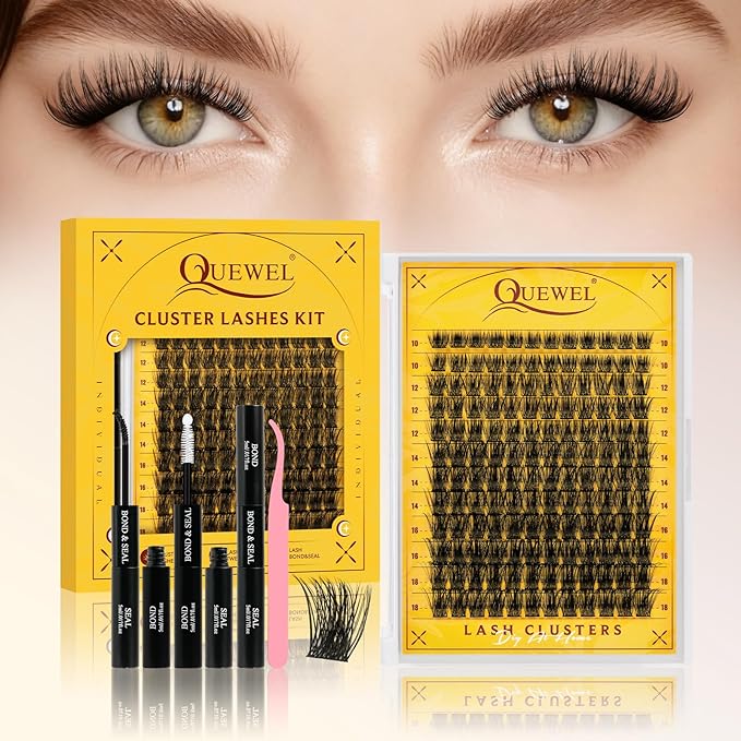 QUEWEL Lash Clusters Kit, 144PCS Natural Lash Custers with Lash Bond and Seal, C Curl Wispy Cluster Lashes Natural Look with Thin Band Easy to use for Beginners (DJ-FD-B）