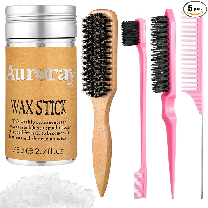 4 Pcs Boar Bristle Slick Back Hair Brush Comb with Hair Wax Stick and 500 Elastic Hairs Bands for Women Men Sectioning, Parting