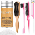 4 Pcs Boar Bristle Slick Back Hair Brush Comb with Hair Wax Stick and 500 Elastic Hairs Bands for Women Men Sectioning, Parting