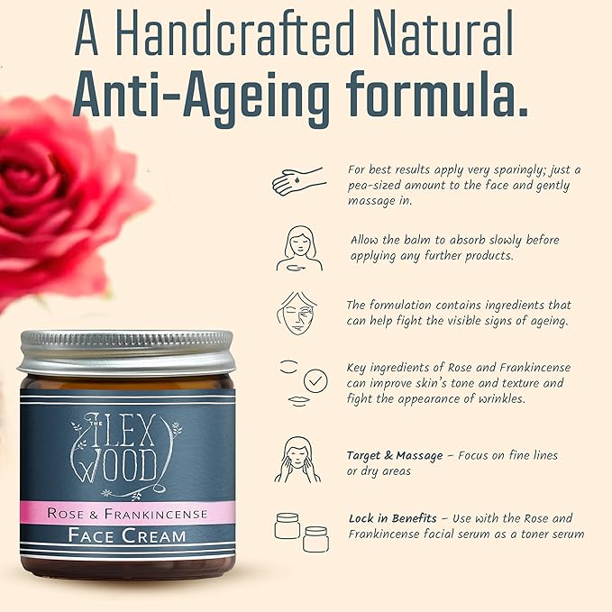 The Ilex Wood - Rose and Frankincense Face Cream - 100% Natural, Vegan, Moisturising, Anti Ageing, Wrinkle and Line Reducing Ingredients - 60ml (2.03 fl oz)