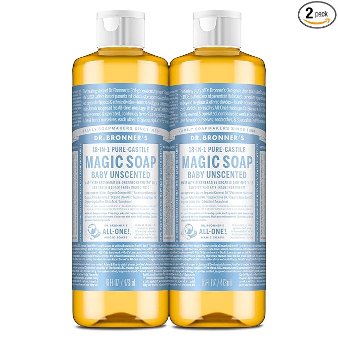 Dr. Bronner's Pure-Castile Magic Liquid Soap (Baby Unscented, 16 Ounce, 2-Pack)- Made with Regenerative Organic Certified Oils, For Face, Hair, Hand & Body Soap, Laundry, Pets- Concentrated, Vegan