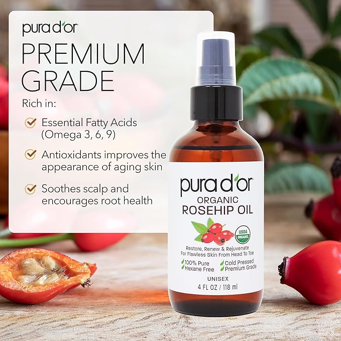 PURA D'OR 4 Oz ORGANIC Rosehip Seed Oil 100% Pure Cold Pressed USDA Certified Anti-Aging Youthful Look-Vitamin A & C Rich-Helps Fade Appearance of Scars & Stretch Marks - For Face, Hair & Body
