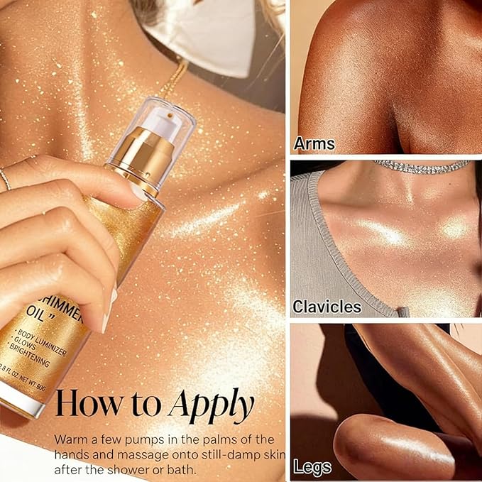 Body Shimmer Oil, Glow Glitter Oil, Face Glow Highlighter Illuminator, Shine Glitter Liquid Tanning for Radiant Skin, Body Makeup,Beach Essentials (3# Bronze Gold)