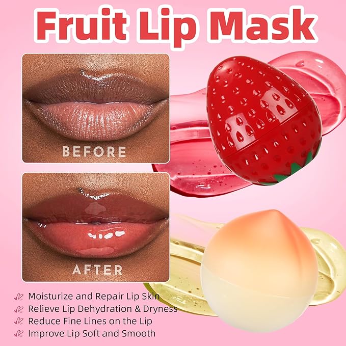 6 PCS Mini Bee Lip Balm Lip Mask Fruit Pot,Strawberry Lip Balm for Teens Girls 8-12,Peach,Cherry Moisturizing Lip Sleeping Mask Overnight Lip Treatment,Color lip Balm Gifts Set,Mothers Day Gifts