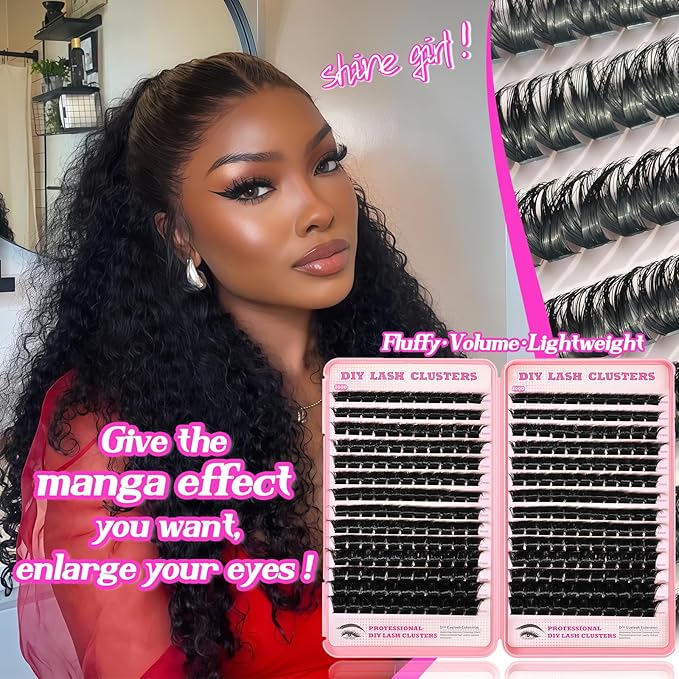 Manga Lash Clusters, 336 Pcs Fluffy Cluster Eyelash Extensions 200D+200D D Curl Individual Wispy False Eyelashes DIY Lash Extension (Volume Lash Clusters 10-18mm)