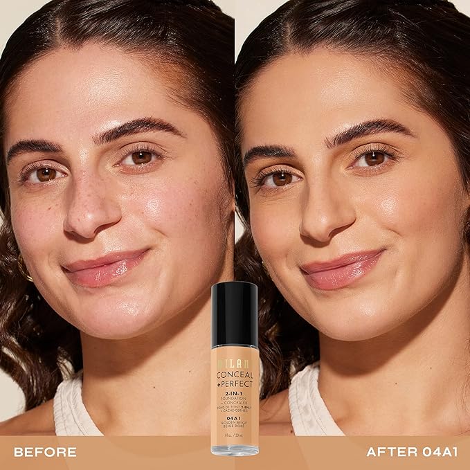Milani Conceal + Perfect 2-in-1 Foundation + Concealer for a Flawless Complexion, Under Eye Corrector, Cover Redness and Imperfections, Waterproof and Sweatproof - 04A1-Golden Beige