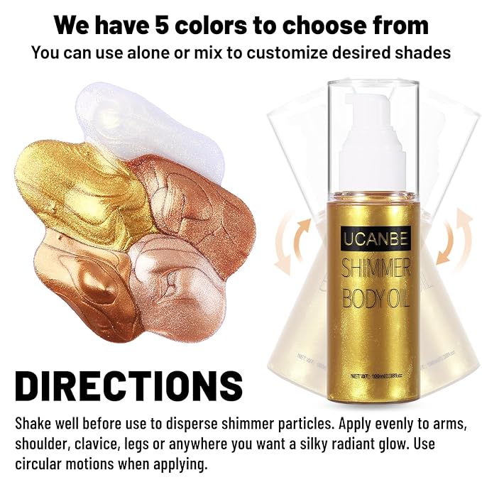 UCANBE Body Shimmer Oil 100ml, Moisturizing Face Body Glow Glitter Oil, Waterproof Shimmering Luminizer Liquid Illuminator Highlighter, Tinted Shimmer Lotion Glowing Bronzer Makeup(Gold)