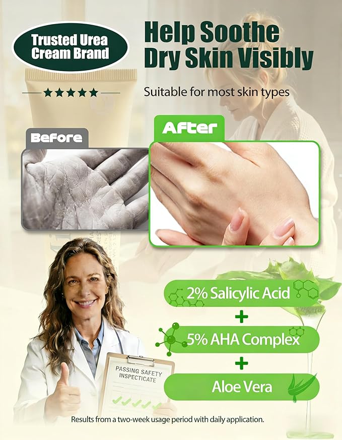 25% Urea Hand Cream for Feet with 2% Salicylic Acid & 5% AHA+Aloe Vera, Urea Foot Cream for Dry Cracked Hands, Heels and Feet, Moisturizer and Repair for Rough Skin