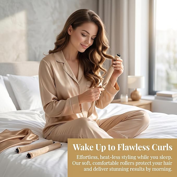 Heatless Curls Overnight Set, Overnight Blowout Rods, 3Pcs Jumbo Satin Hair Rollers to Sleep In, No-Heat Flexi Rods for Long Thick Hair, Soft No Damage Curling Rods for All Hair Types (Khaki)