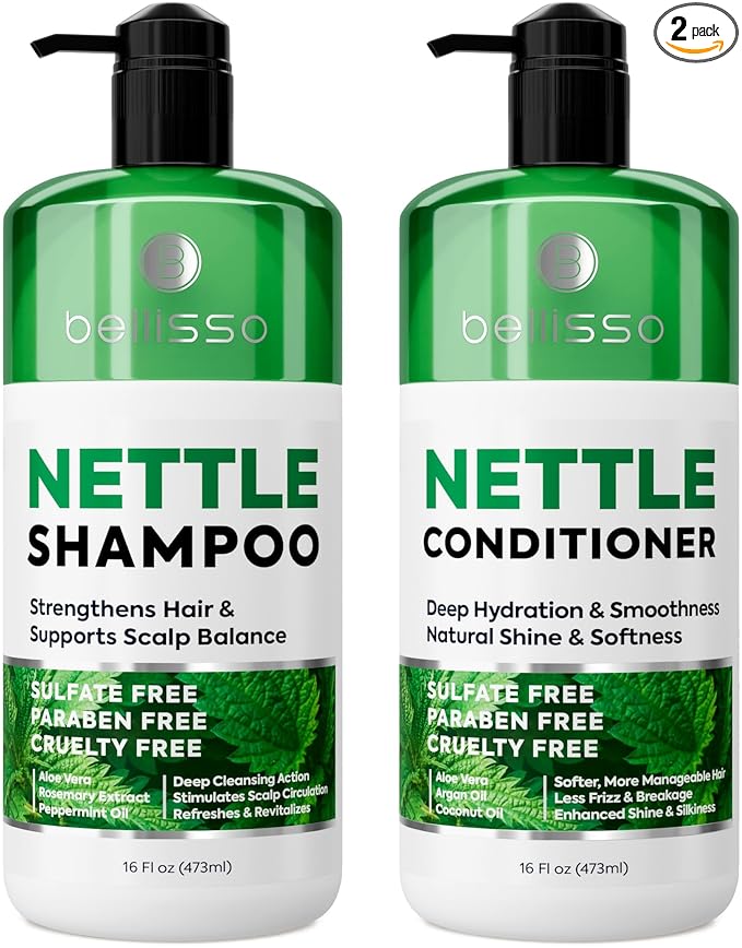 Nettle Shampoo and Conditioner Set - Sulfate Free to Boost Volume - Thickening, Strengthening, Volumizing Formula for Fine and Thinning Hair Women and Men - 16 Fl Oz (Pack of 2)