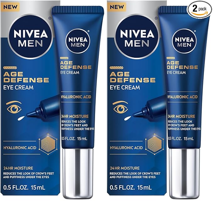 NIVEA MEN Age Defense Eye Cream with Hyaluronic Acid,24-Hour Hydrating Under Eye Cream for Men Helps Reduce Look of Crow's Feet,Fine Lines and Dark Circles,0.5 Fl Oz Tube,(Pack of 2)