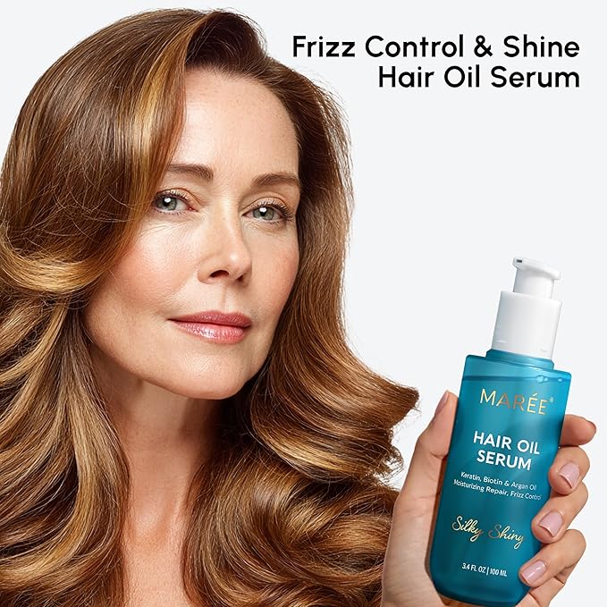 MAREE Hair Oil for Frizzy Hair with Argan Oil, Keratin & Biotin 3 PACK – Hair Serum for Dry and Curly Hair Gloss – Frizz Control Hair Care Products for Women – Aceite Para el Cabello
