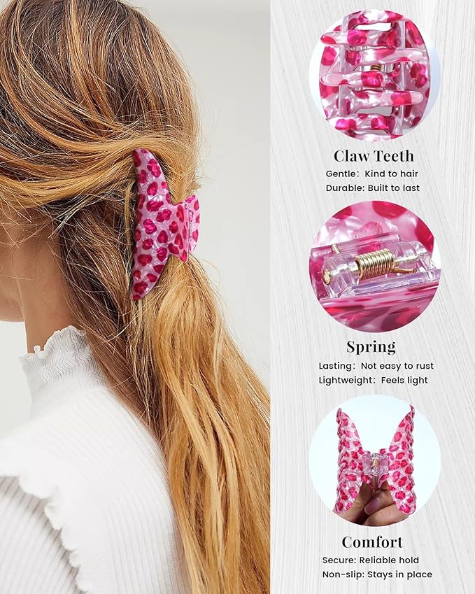 Mesovor 4 Pack Acrylic Hair Clips Claws, Nonslip 3.94" Large Hair Grip Hairclips for Thin and Thick | French Banana Barrettes Hair Strong Hold Hair Jaw Clamps (Pink Leopard)