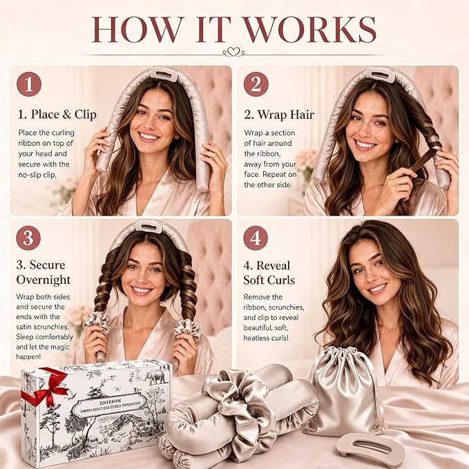 EnteromMuse Jumbo Heatless Curls Overnight Heatless Hair Curler – Oversized Heatless Curling Rod, No Heat Damage Hair Curler for Voluminous Curls, Rollers & Curls Set with Satin Fabric(Beige, Jumbo)