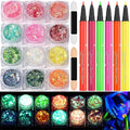 Glow in the Dark Glitter Gel with UV Neon Liquid Eyeliner Pen Set for Body Face Hair Eye, Makeup Kit for Rave Accessories Party Halloween Anime Cosplay Concerts Festival Carnival Face Paint