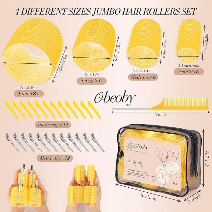 Obeoby 4 Sizes Hair Rollers for Women, 50 Pcs Set Hair Curlers with Clips Comb Curlers for Long Short Curly Hair and Bangs (25, 36, 48, 60mm), Yellow