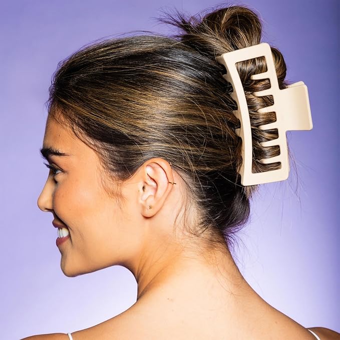 Gimme Beauty XL Rectangle Double Teeth Claw Clip - Extra-Large Accessory for Strong Hold - Perfect for Long, Thick, Curly Hair - Non-Slip Clip for Everyday Wear - Tan