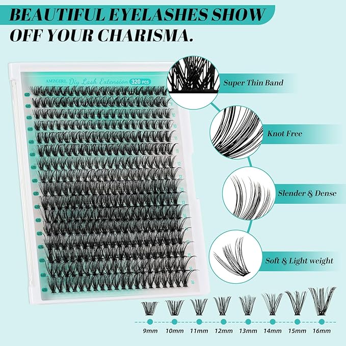 Lash Clusters Kit,DIY Individual Lashes Extension Kit,Lash Bond And Seal,Lash Remover For Eyelashes Extensions,Lash Applicator Tool For False Eyelash Cluster Kit（320PCS, 40D, 9-16mm）