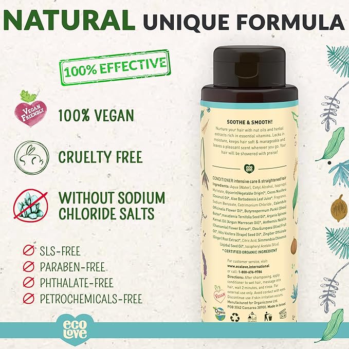 ecoLove – Natural Conditioning for Chemically Straightened Hair and Dry Damaged Hair – No SLS or Parabens - With Natural Moroccan Oil Extract - Vegan and Cruelty-Free Hair Treatment, 17.6 oz