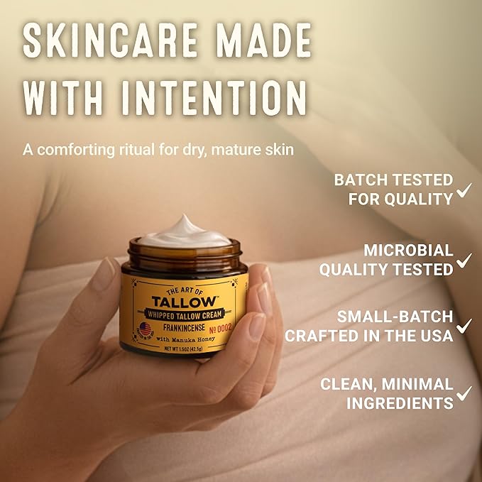 Tallow Face Moisturizer – Frankincense Beef Tallow for Skin, Whipped Tallow Cream with Manuka Honey & Organic Jojoba Oil, Face Cream, Grass Fed & Finished, Made in USA, 1.5 oz