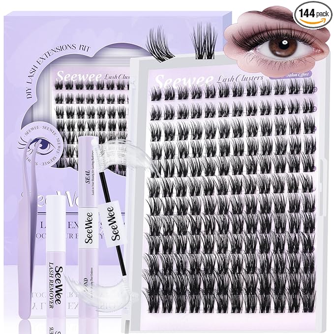 Wispy Lash Clusters Kit 10-18mm D Curl Spikes Natural Lash Clusters 144pcs DIY Cluster Eyelash Extensions Individual Lashes Cluster Kit with Lash Bond & Seal Glue Remover Lash Tweezers(S1 Lash Kit)